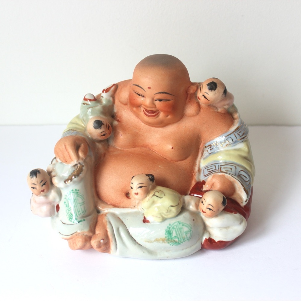 Vintage Happy Buddha with Five Children Babies, Good Luck, Fortune, Happiness